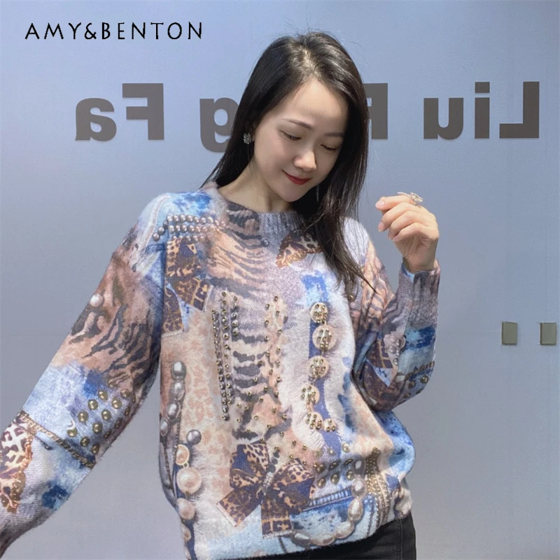 

Winter New Imitation Mink Fur Leopard Print Coat Heavy Industry Knitted Sweater Long Sleeves Crew Neck Loose Fashion Knitwear