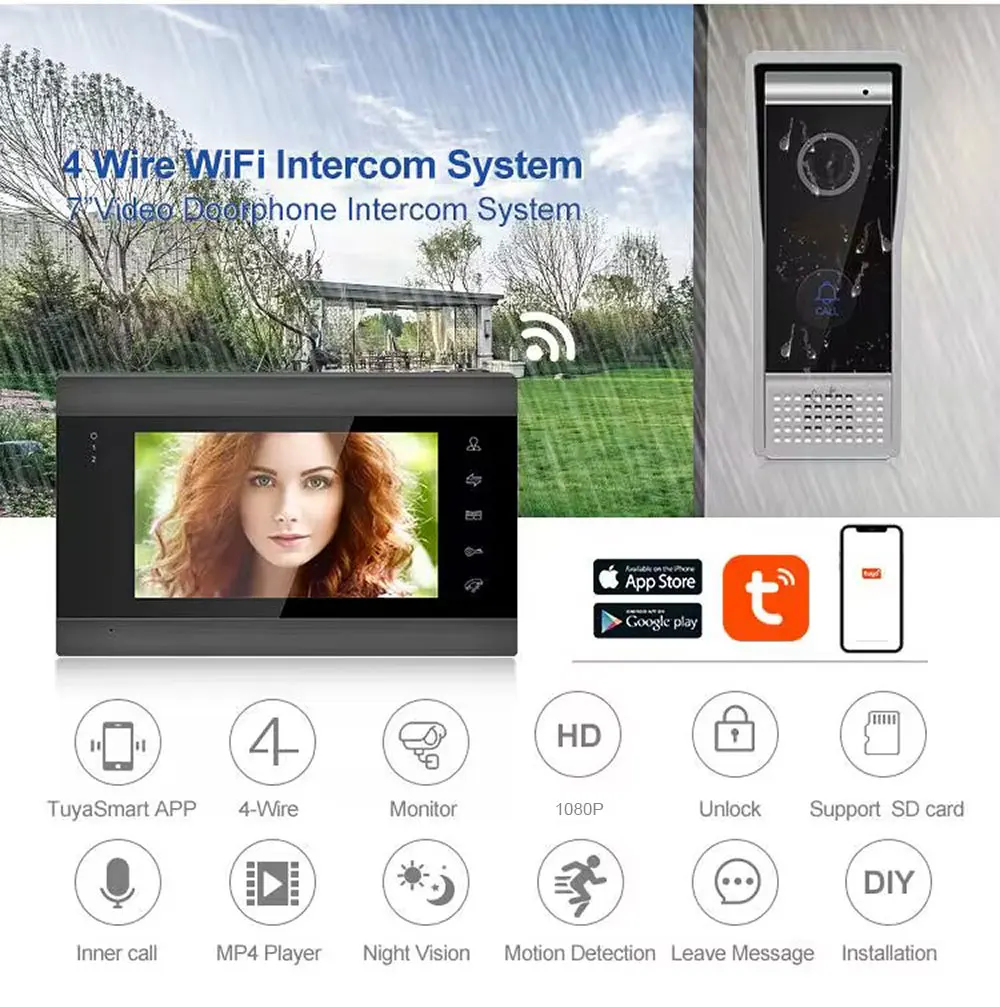 1080P 7 Inch TUYA WiFi Smart APP Home Intercom Kit Wireless Video Door Phone Wired Doorbell for RFID Access Control System