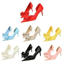 Donne Fetish Bowknot 7.5cm 10cm tacchi alti Sweet Prom Pumps Lady Kawaii Wedding Slip On tacchi bassi rosso giallo 2024 scarpe scarpe