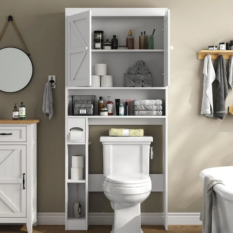 

Over The Toilet Storage Cabinet with Barn Doors,32.3''W Free Standing Toilet Storage Shelf Space Saver with Adjustable BottomBar