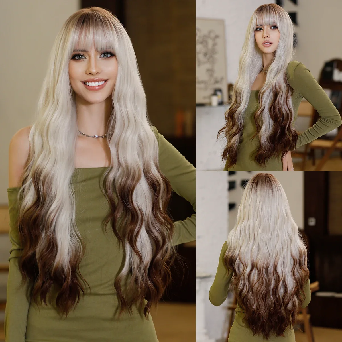 

NAMM Long Wavy Hair Wig for Women Cosplay Daily Party Ombre Silvery White Curly Wig with Bangs Synthetic Natural Lolita Wigs