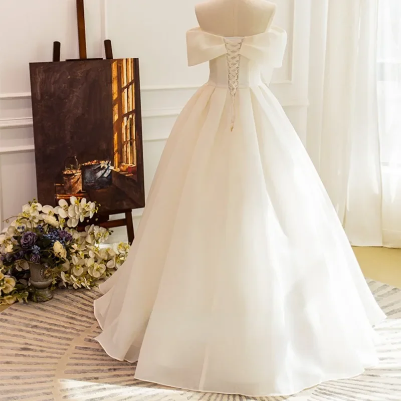 Satin White Wedding Dresses for Bride Elegant Boat Neck Evening Dress Chic Sweet Bow Party Formal Dress Gown Solid Vestido