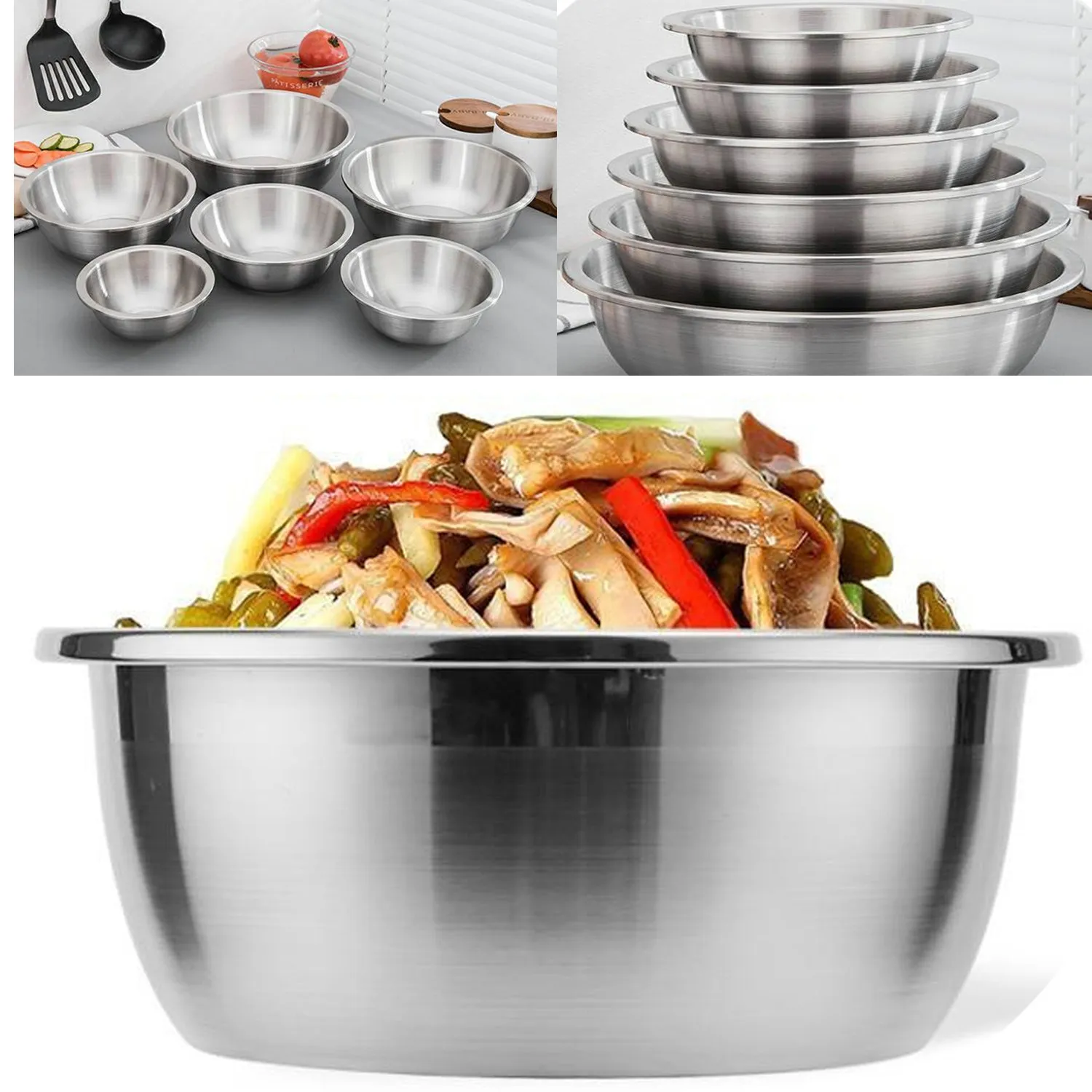 6Pcs Stainless Steel Kitchen Mixing Bowls Set Mirror Finish Rustproof Dent Resistant Wide Rim Rounded Lip Flat Base Stackable