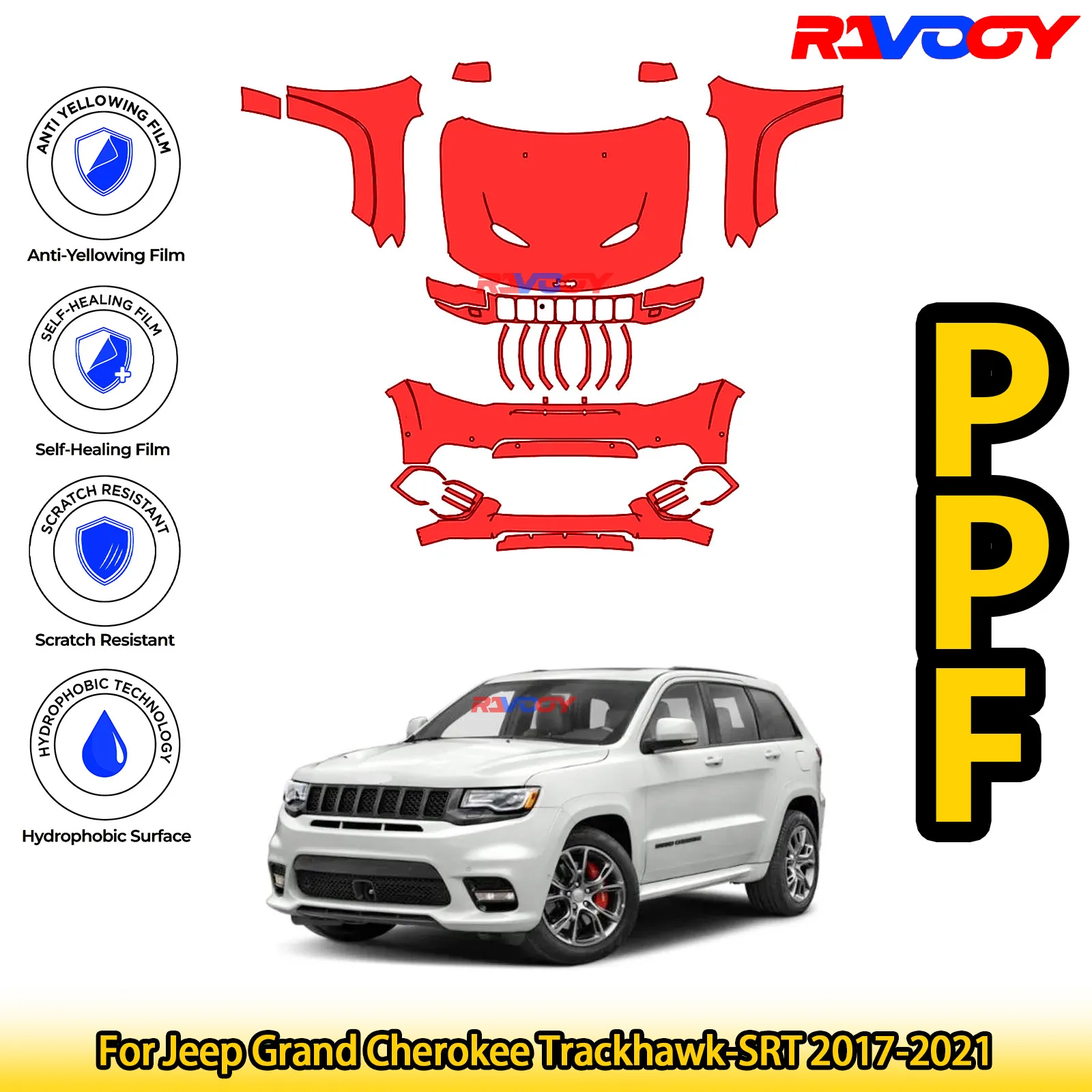 

For Jeep Grand Cherokee Trackhawk-SRT 2017-2021 Glossy Matte Black Precut front PPF Kit Paint Protection Film
