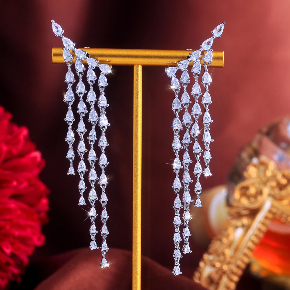 

ThreeGraces 9 см длинные блестящие циркониевые серьги с каплями воды, роскошные висячие серьги для свадебной вечеринки для женщин, ювелирные изделия для банкета, подарок E2028