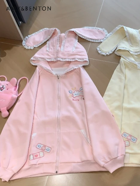 Cute Bunny Ear Lace Cartoon Embroidered Hoodies Autumn College Style Sweet Kawaii Hoodie Kawaii Patchwork Color Coat Students