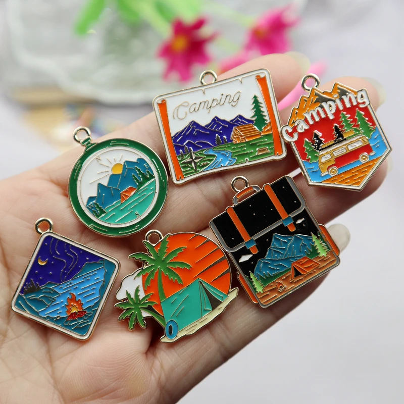 6 pçs maior paisagem pintura pingente de metal ukiyo-e havaí acampamento liga charme diy pulseira jóias roupas chaveiro acessório