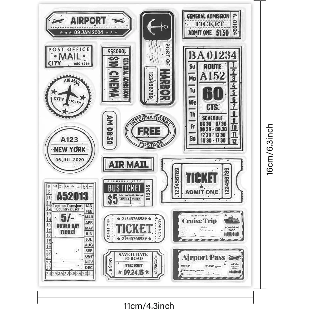 Vintage Travel Tickets Clear Stamps for Cards Making Retro Journey Postage Clear Stamp Seals 5.83x8.27inch Transparent Stamps