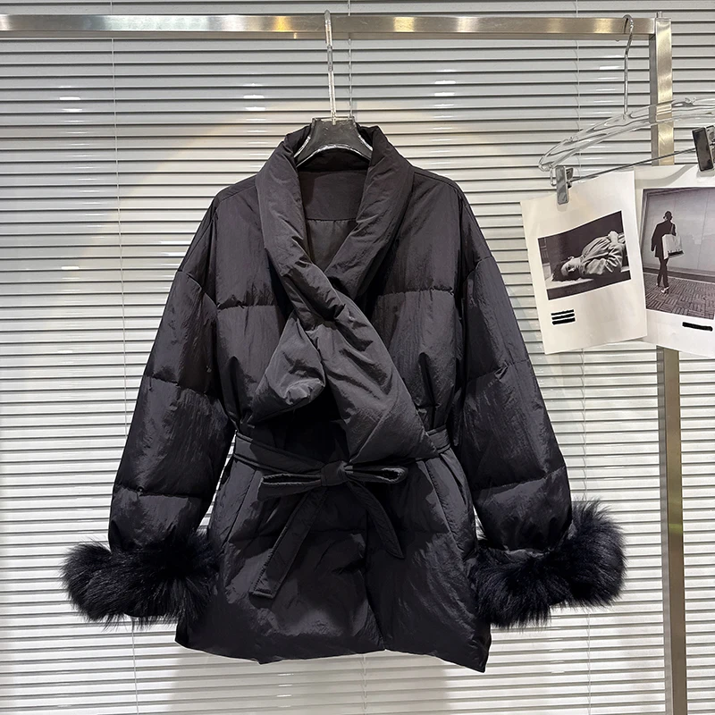 Зимняя теплая пуховая куртка с хлопковой подкладкой, женские куртки с шарфом и воротником на шнуровке, женская модная повседневная свободная верхняя одежда средней длины
