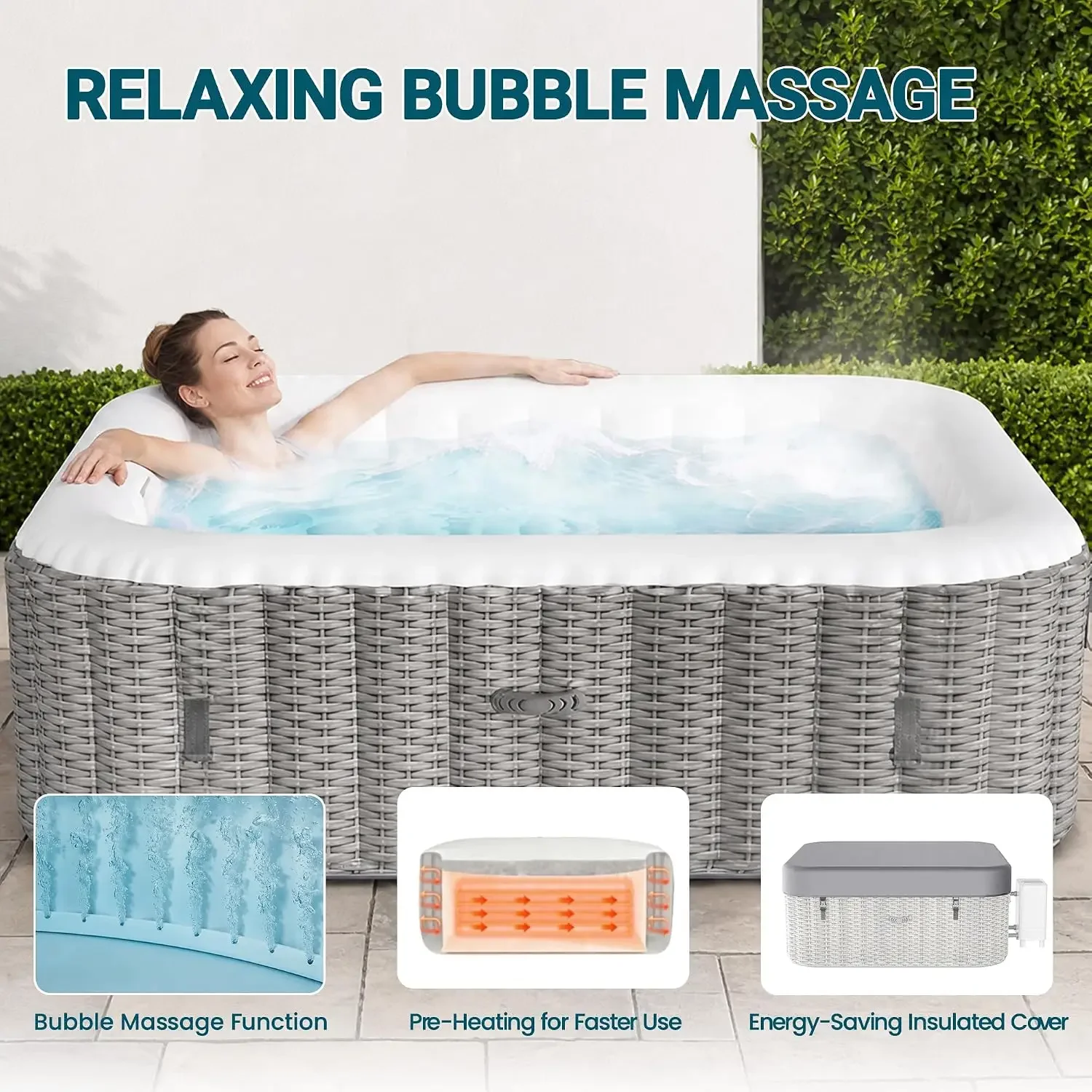 4-6 Person Inflatable Hot Tub Outdoor Spa with 130 Airjets Portable Filtered Water Continuous Jets for Relaxation