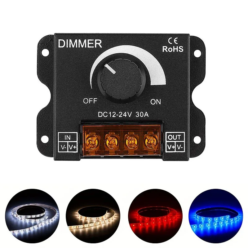 DC12-24V 30A Knob Dimmer Brightness Adjustment Stepless Dimming Switch Controller for 3528 5050 COB SMD LED Strip Light