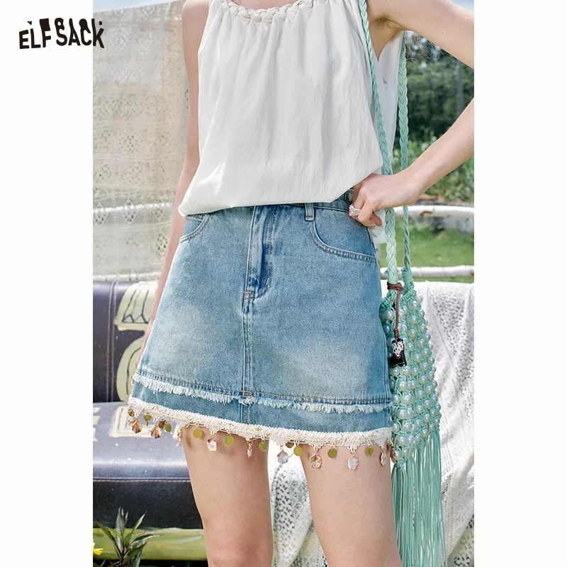 ELFSACK 2025 Summer New Arrivals Shell Tassel Denim Half Skirt For Women