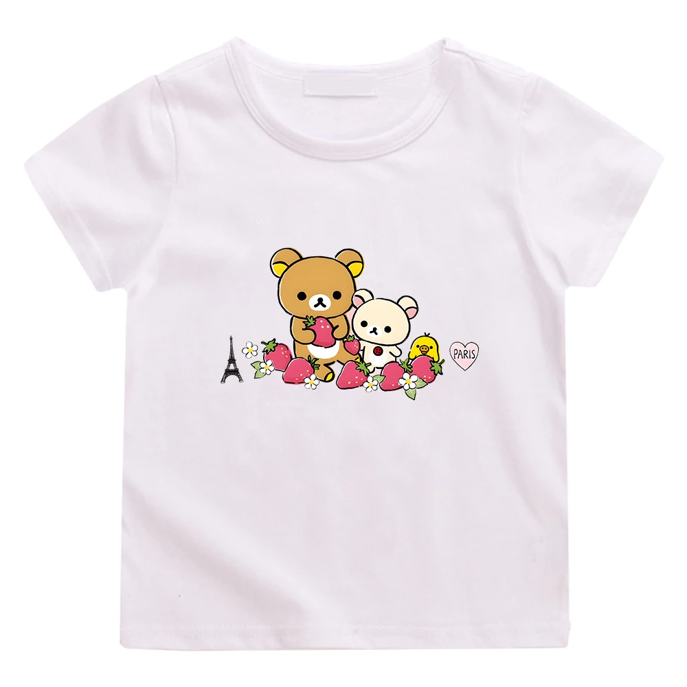 Kiiroitori Yellow Chick Strawberry T-shirt Rilakkuma Korilakkuma Bear Tshirts Kawaii Cartoon Graphic Tee-shirt Cotton Children