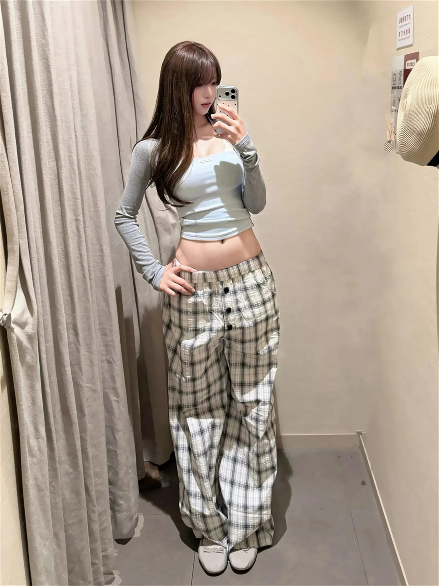 

Американские брюки в клетку с высокой талией, широкие, женские, летние, тонкие, свободные, струящиеся, удлиненные, в пол