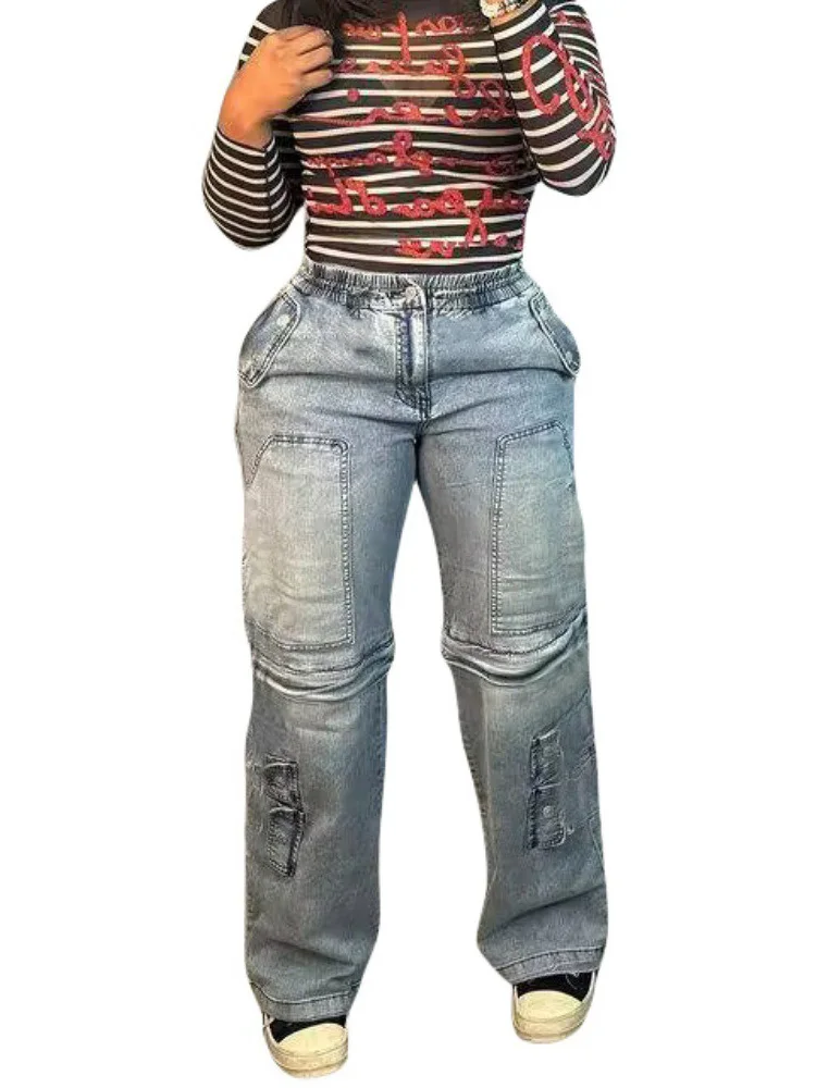 Benuynffy nuova tuta di Jeans per le donne Streetwear cerniera Patchwork pantaloni Cargo Multi-tasca elastico in vita Jeans gamba dritta