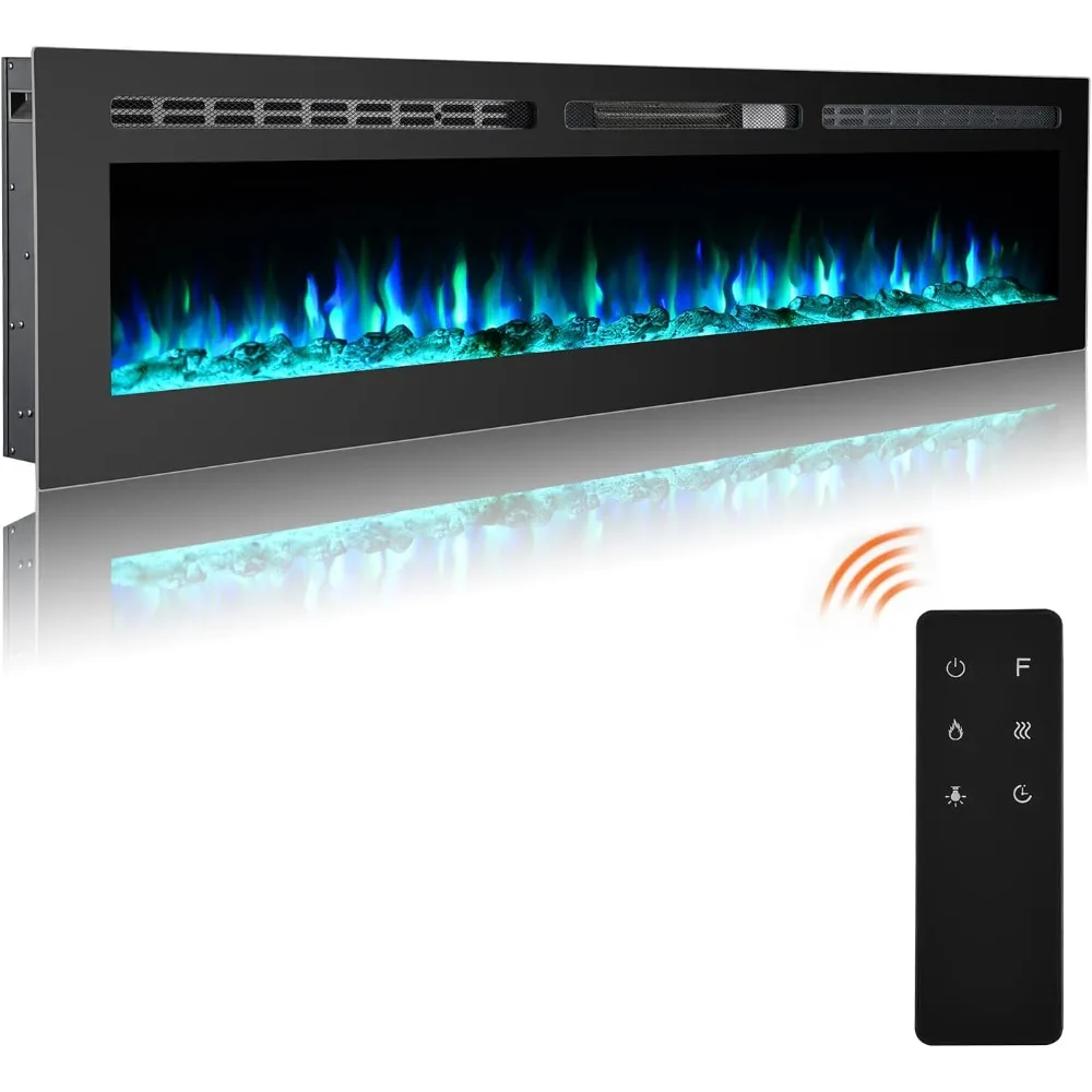 70 Inch Electric Fireplace Inserts, Wall Mounted Fireplace, Led Fireplace with Logs, Recessed Electric Fireplace