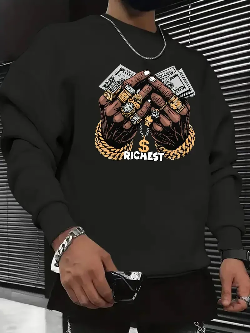 The new men's round-neck hoodie for Spring and Autumn 2025 features street fashion and soft 3D pattern printing