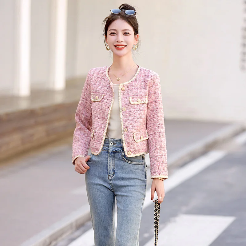 Women's Spring Autumn Short Style Temperament Pink Beige Fragrant Coat Round Neck Tweed Jackets