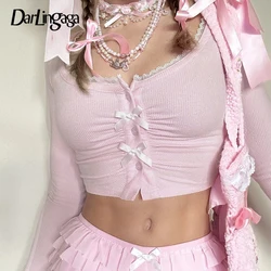 Darlingaga Sweet Pink Folds Ruched Skinny Autumn T-shirts Women Bow Korean Fashion Crop Top Cute Coquette Tee Shirts Girls Y2K