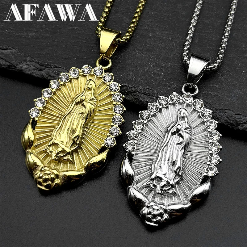 

Catholic Virgin Mary Rhinestones Pendant Necklace for Women Men Stainless Steel Gold Color Guadalupe Prayer Chain Jewelry Gift