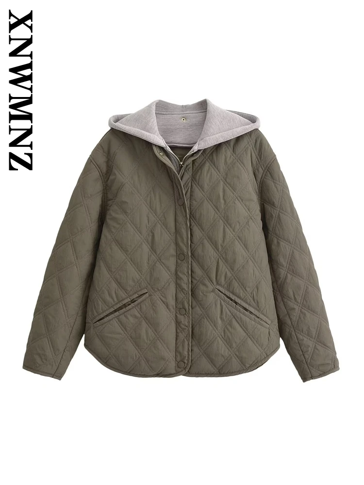 XNWMNZ 2024 New Woman\'s Autumn Casual Vintage Hooded Collar Coat Female Winter Thick Solid Color Padded Jacket Top Long Sleeve