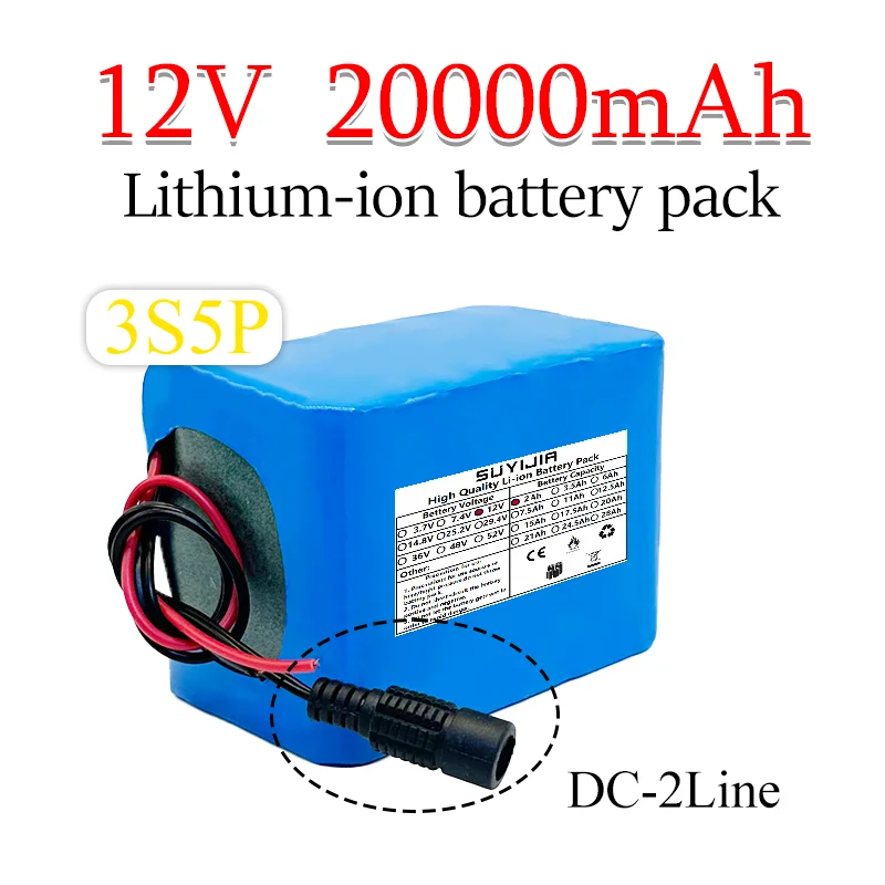 Lithium-ion battery 12V 20000mAh 18650 Rechargeable battery 3S5P with BMS 12.6-volt large capacity charger for fishing bicycles