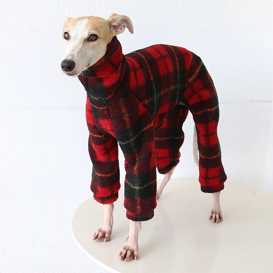 Geruite fleecejas voor middelgrote honden, warme rode sweatshirt voor vierpotigen, winterse dikke blauwe pyjama voor whippets.