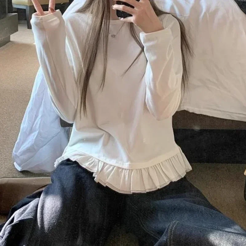 달콤한 플리츠 레이스 밑단 긴 소매 셔츠 여성 가을 겨울 한국 스타일 다용도 심플 화이트 이너웨어 탑 의류