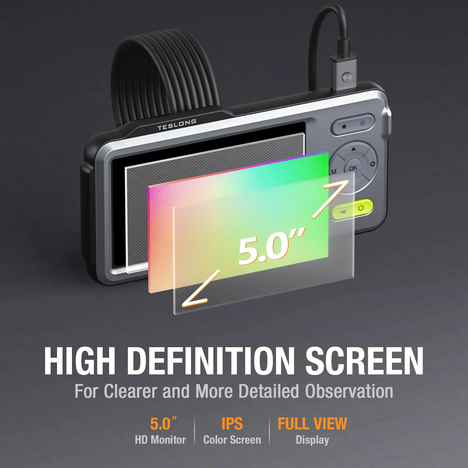 5" IPS Screen HD Industrial Endoscope 5mm 5m Dual Lens Waterproof Inspection Camera, Borescope with LED Light for Automotiv