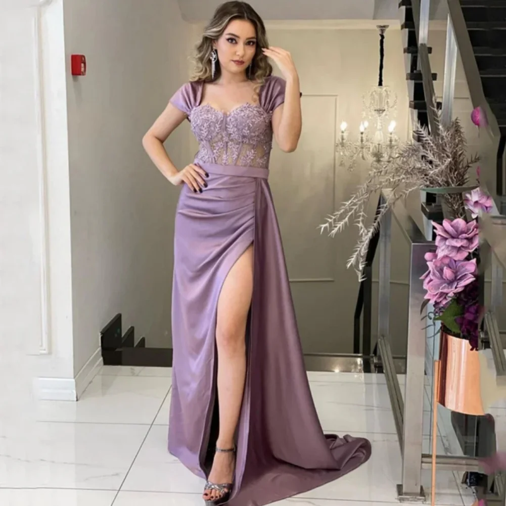 

Women's Off Shoulder Prom Dresses Lace Appliques Satin Long Sweetheart Evening Dress Formal Wedding Guest Gowns with Side Slit