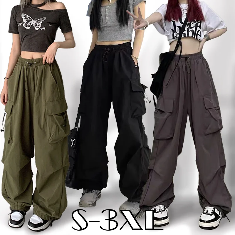 

2024 New Fashion Y2K Loose Fitting Wide-leg Overalls Women's Street Casual Multi Pocket Solid Color Sports Pant