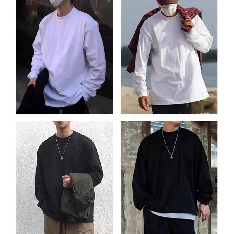 قميص أبيض بأكمام طويلة من القطن الخالص ثقيل الوزن برقبة مستديرة قميص أساسي للارتداء الداخلي بأسلوب عادي مريح يناسب جميع المواسم