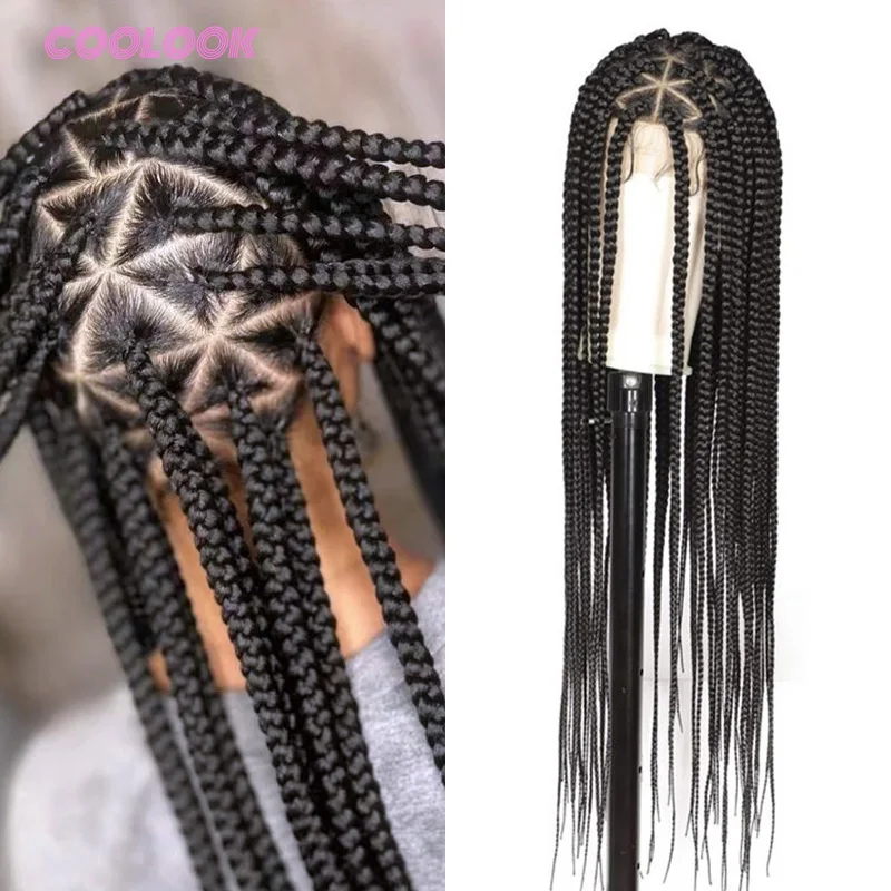 

26" Synthetic Lace Braided Wigs For Black Women Triangle Box Braid Wig Lace Frontal Braiding Hair Full Lace Wig Light Weight