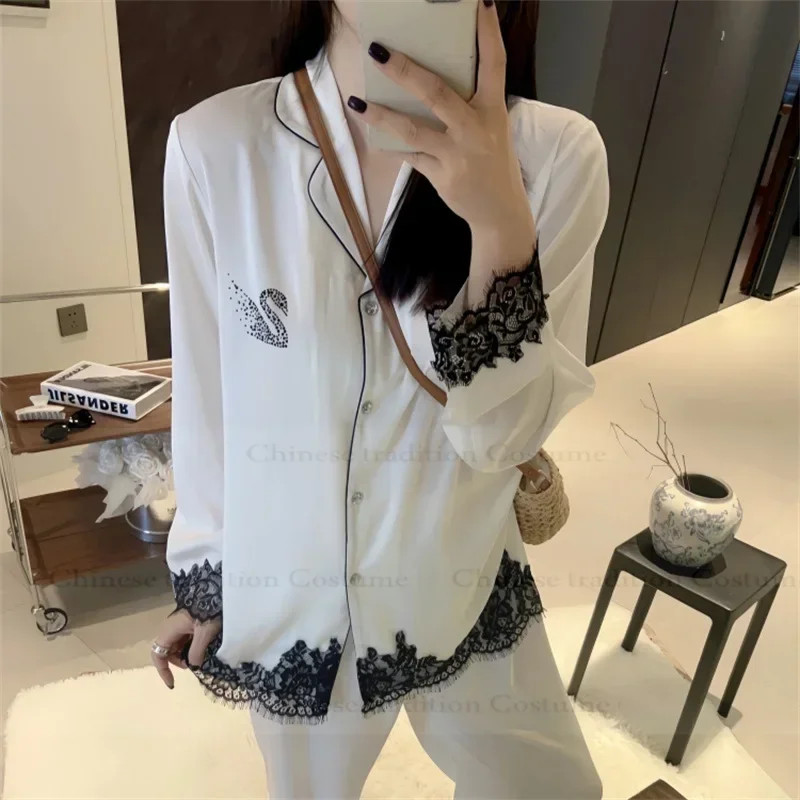 

Women Luxury Ice Silk Sleepwear 2Pcs White Pajamas Suit Swan Rhinestone Pyjamas Femme Long Sleeve Shirt Pants Loungewear