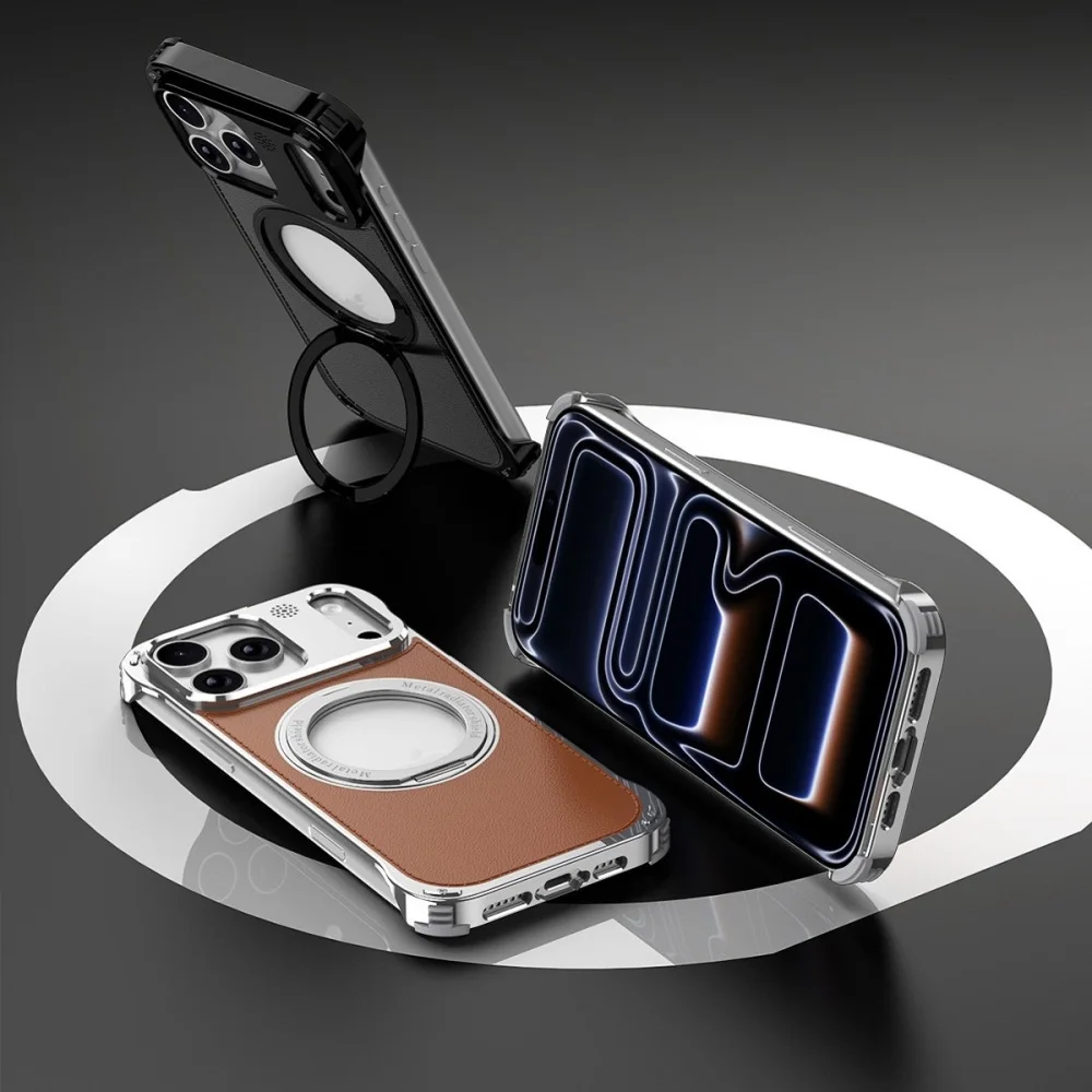 Magnetic 360 ° Rotating Stand Aluminum Alloy Phone Case for iPhone 17 16 15 14 Pro Max with Support Wireless Charging