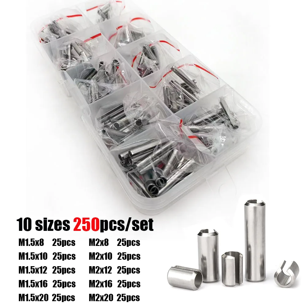 100/250pcs/set M1.5 M2 M2.5 M3 M4 M5 GB879 304 Stainless Steel Elastic Cotter Tension Dowel Roll Spring Pin Assortment Kit Set