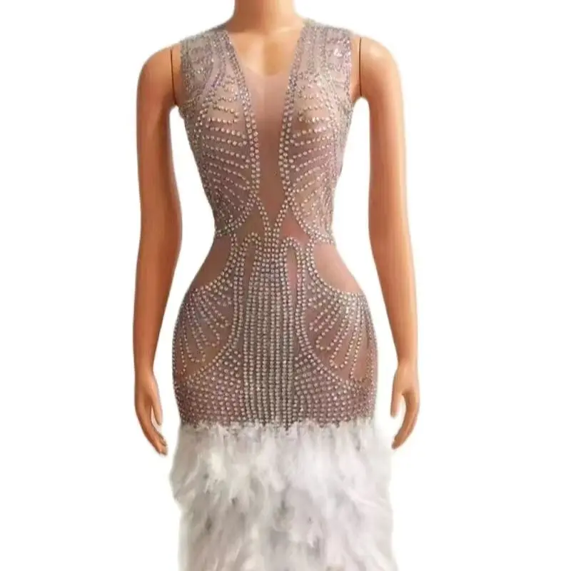 

Sparkly Rhinestone White Feather Long TrainDress Wedding Birthday Transparent MeshCostume Evening Sexy Dress bisebai