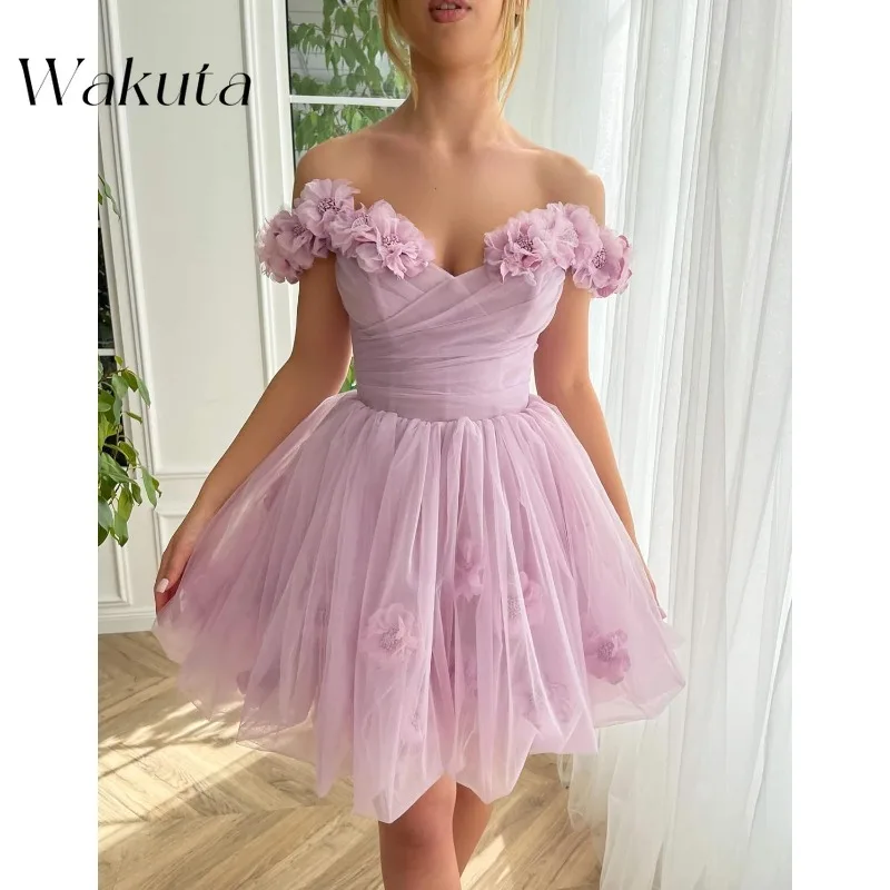 Wakuta-裸の肩,チュール,妖精の衣装,カクテルパーティー,エレガントな服,3D花の短いドレス