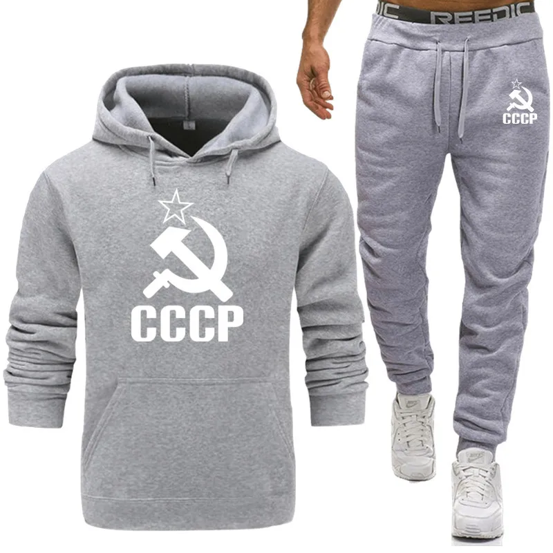 Hot Causal Mens Tracksuit Unique CCCP Russian USSR Soviet Union 2 piece Fleece Thick Set Long Sleeve Sportwear Suit Male Sets