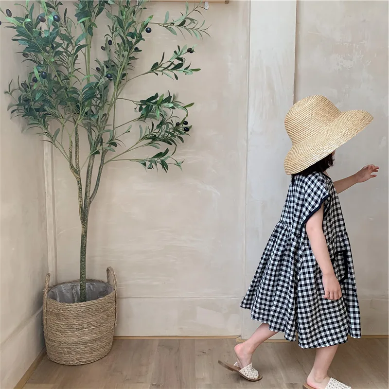 Girls' Plaid Off-Shoulder Sleeve Dress Princess Dress25Summer New Foreign Trade Children's Wear Delivery3-8Years Old