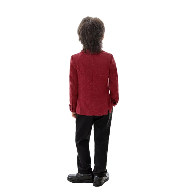 Autumn Boys Red Suit Set Children Birthday Party Wedding Host Piano Performance Costume Kids Blazer Pants Vest Tie Outfit