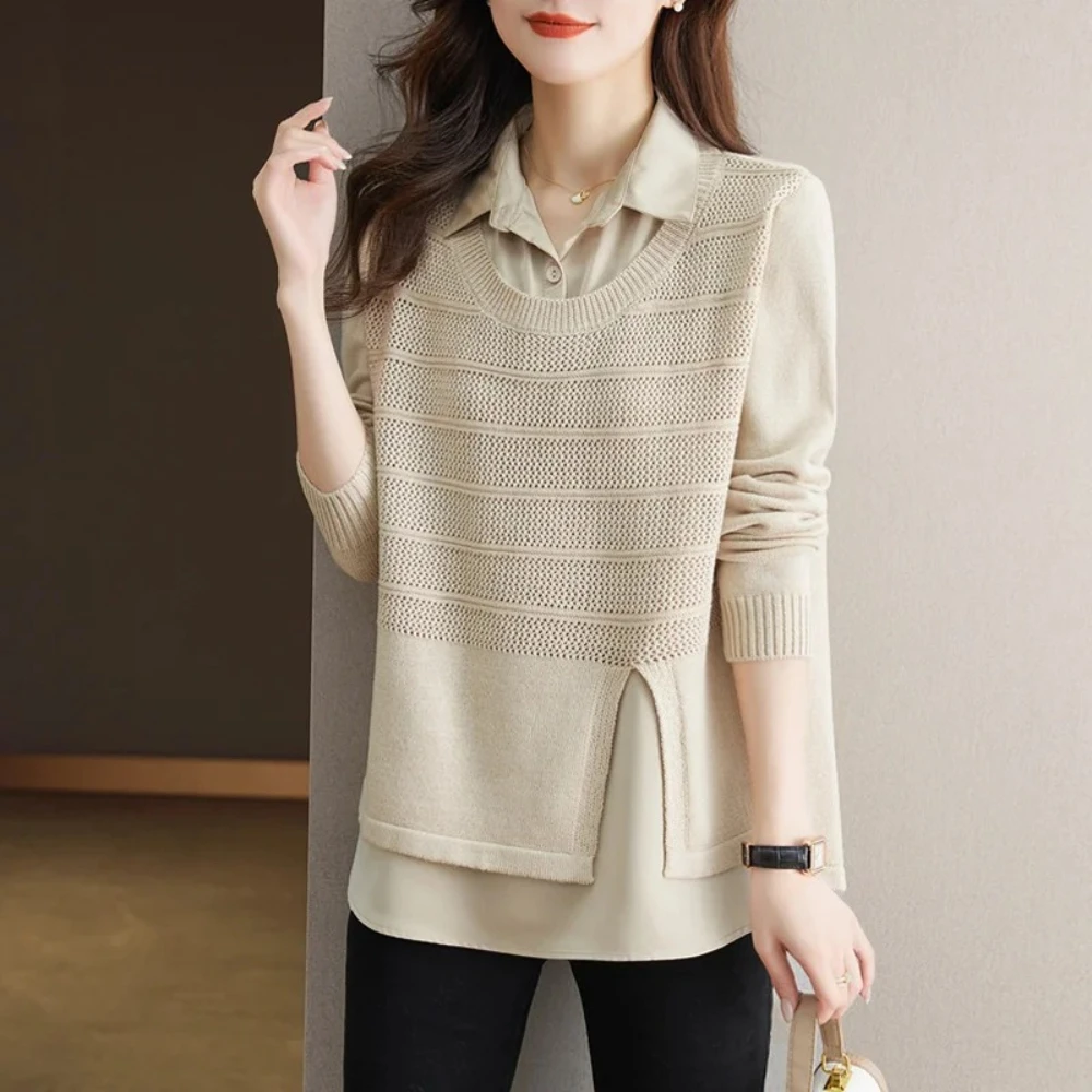 

New Korean Fake two-piece Shirt knitted women's Spring Autumn Fashion Loose Sweater Bottoming Shirt Female Knitwear Tops