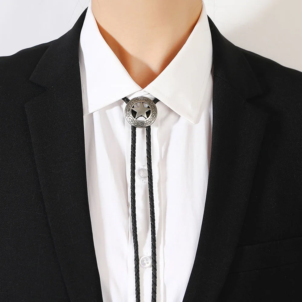 

Retro Five Stars Western Cowboy Bolo Tie Simple Adjustable Leather Necktie Woven Necklace Men Shirt Vintage Accessories