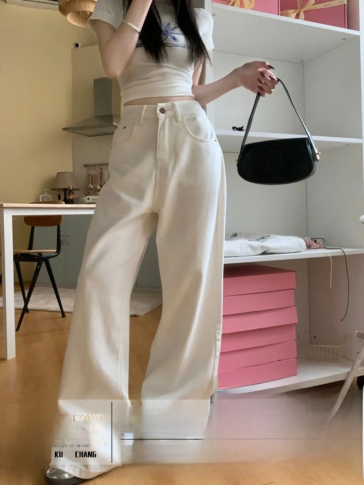 

High Waist Wide Leg White Jeans Women's Casual Loose Fitting Straight Leg Pants Vintage Sle Floor Length Trousers
