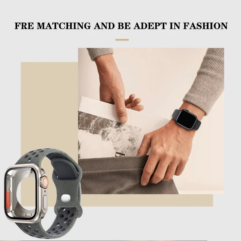 Оригинальный спортивный ремешок и смены на ультракрышку для Apple Watch 9 8 7 45 мм 41 мм, силиконовый ремешок для IWatch 6 5 4 44 мм 40 мм, стекло и фотоэлемент