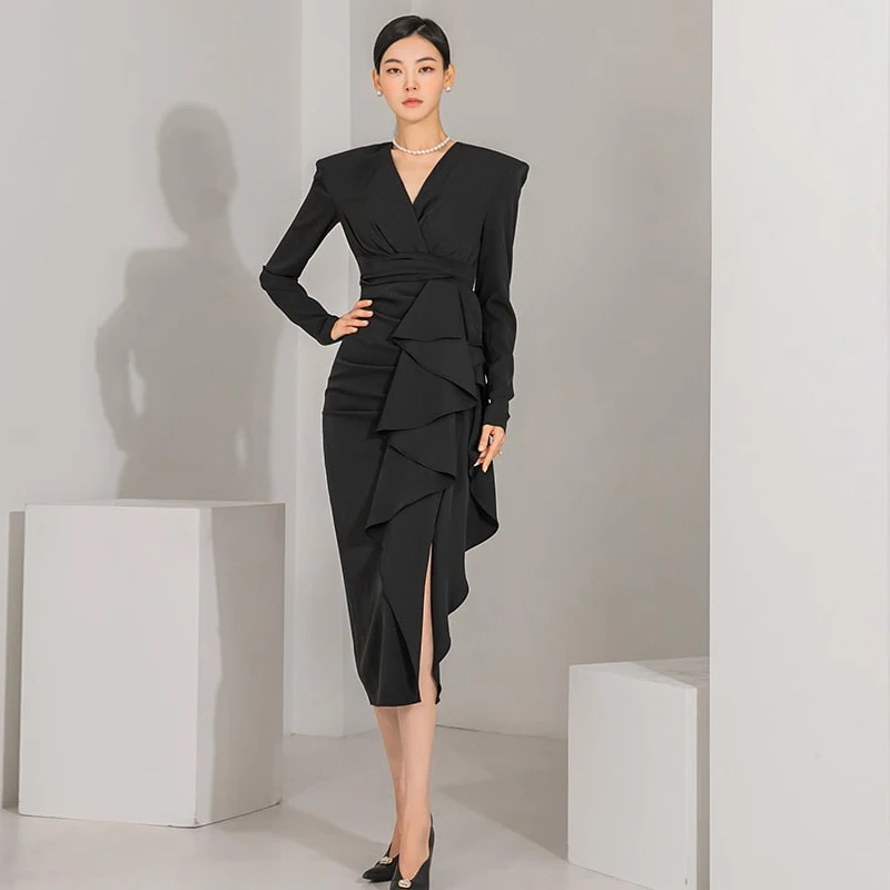 New Autumn Winter New Korean Fashion Elegant Slim Sexy Ruffled Hem Slit Dress V Neck Long Sleeve Party Dresses for Women 2023