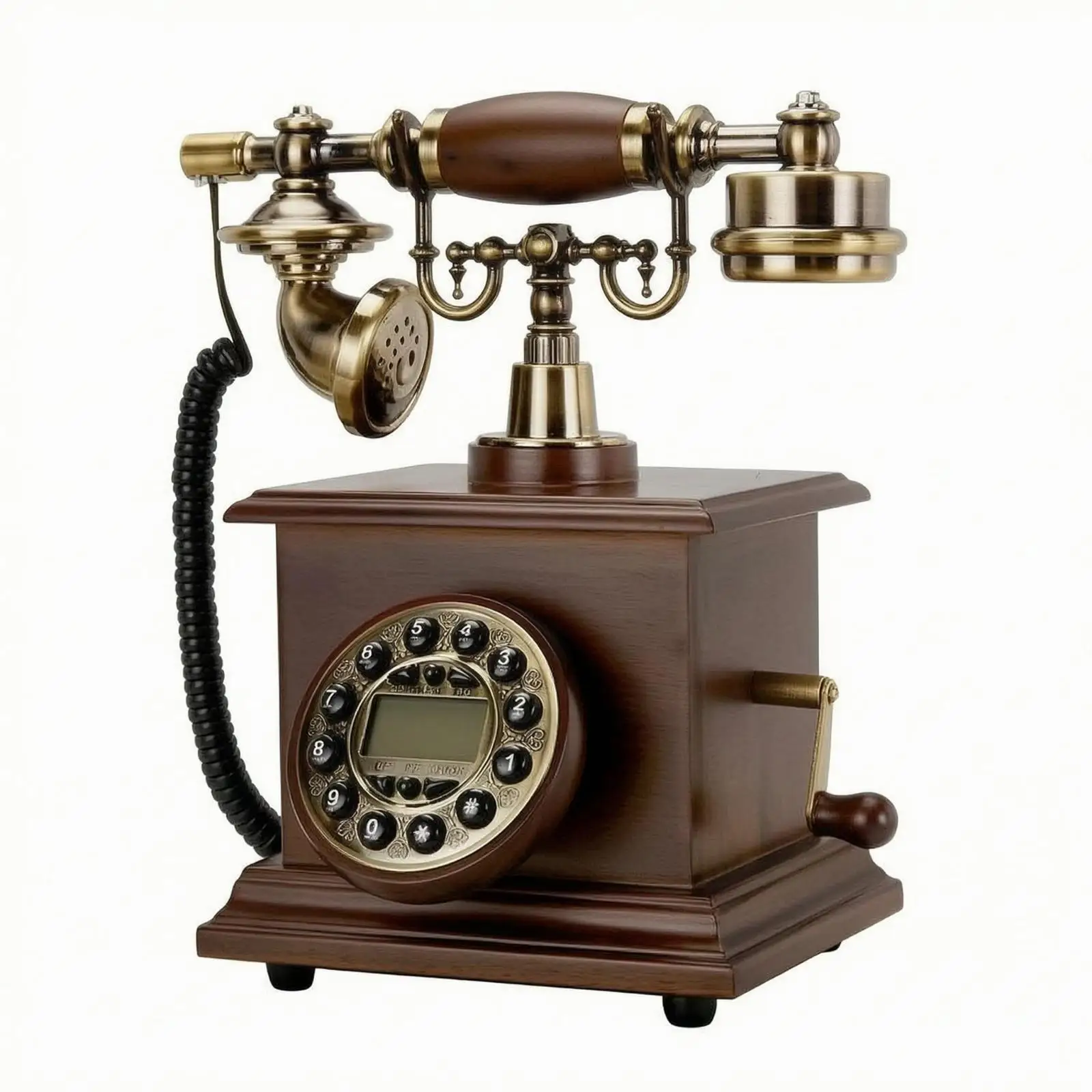 Decorative retro table telephone with wood finish and cord, vintage telephone