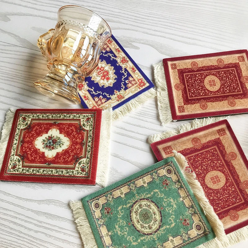 Persian Style Woven Carpet Pattern Coaster Vintage Tassel Coffee Cup Pads Non Slip Placemat Photo Props Home Office Table Decor