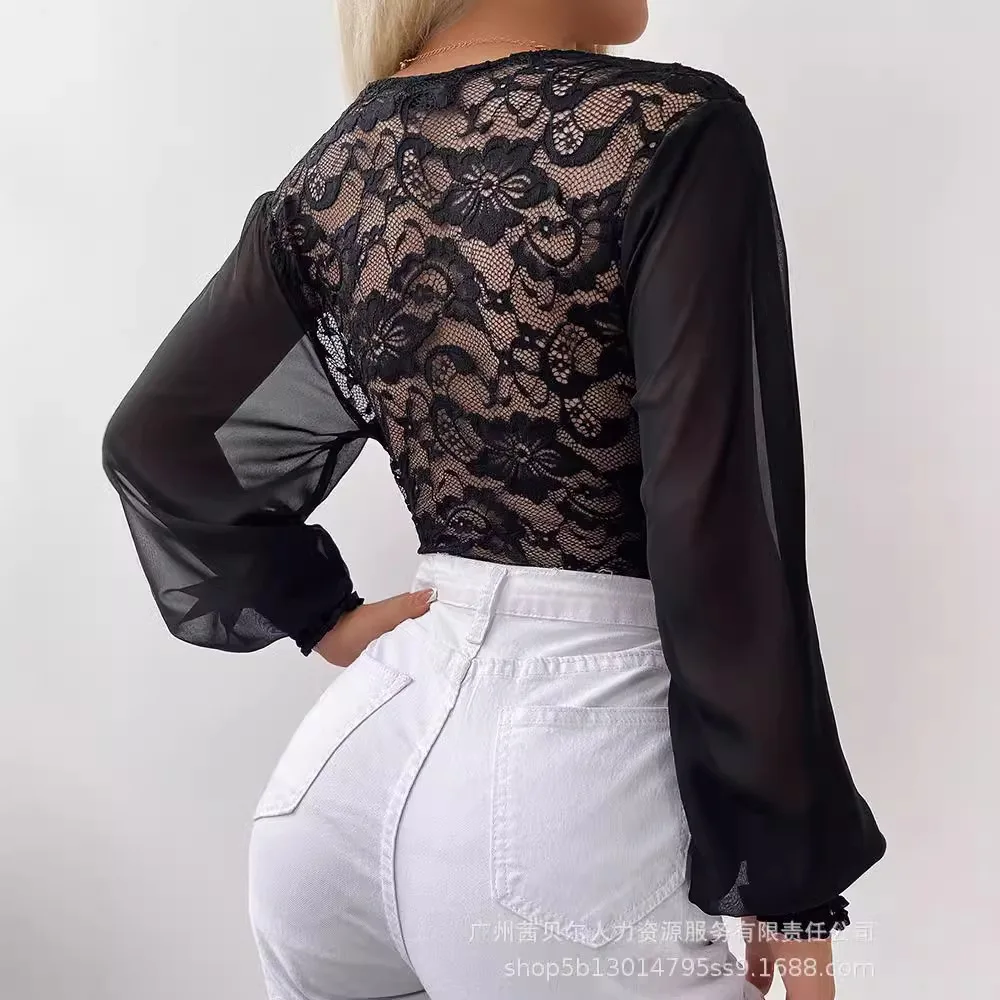 Women Lace Splice Sexy Tops V Neck Tight Waist Hollow Out T Shirt Full Sleeve Slim Fit Elegant Lady Autumn Slight Strech