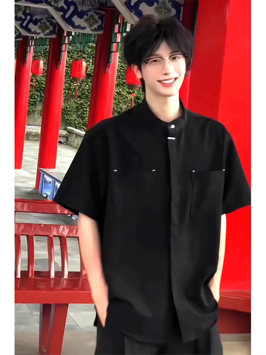 

Мужская летняя футболка из ледяного шелка с воротником-стойкой, свободного кроя, модная, универсальная, для молодежи